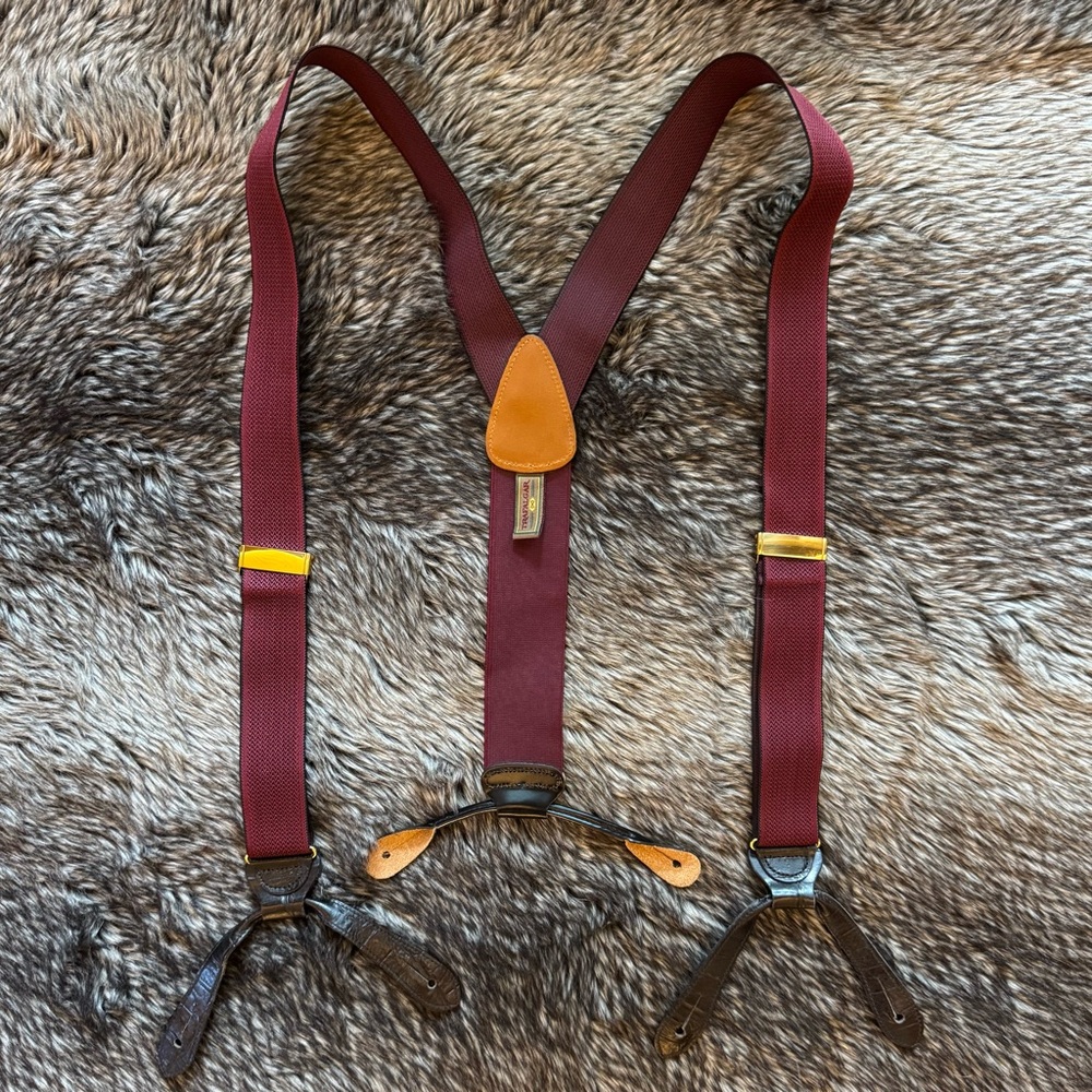 Trafalgar Burgundy Silk Formal Suspenders Braces, Leather Drop Tabs